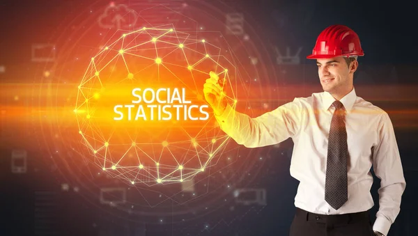 Snygg Affärsman Med Hjälm Ritning Social Statistics Inskription Social Konstruktion — Stockfoto