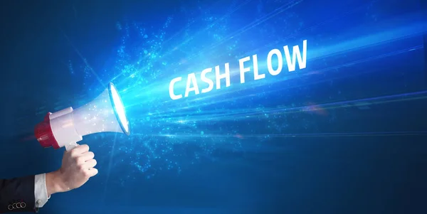Młody Człowiek Krzyczący Głośniku Napisem Cash Flow Koncepcja Biznesowa — Zdjęcie stockowe