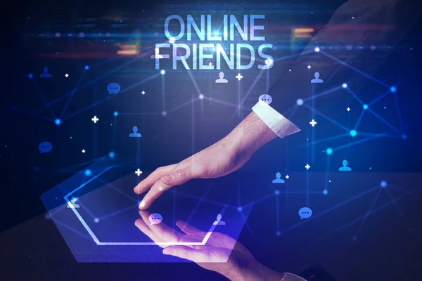 Navegando Redes Sociais Com Inscrição Amigos Online Novo Conceito Mídia — Fotografia de Stock