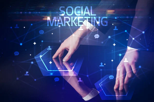Navigeer Door Sociale Netwerken Met Sociale Marketing Inscriptie Nieuw Media — Stockfoto