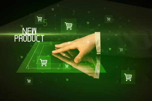 Online Shopping Med Nya Produkt Inskription Koncept Med Kundvagn Ikoner — Stockfoto