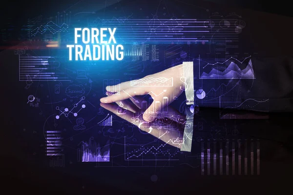 Бизнесмен Трогает Огромный Экран Надписью Forex Trading Концепцией Кибербизнеса — стоковое фото