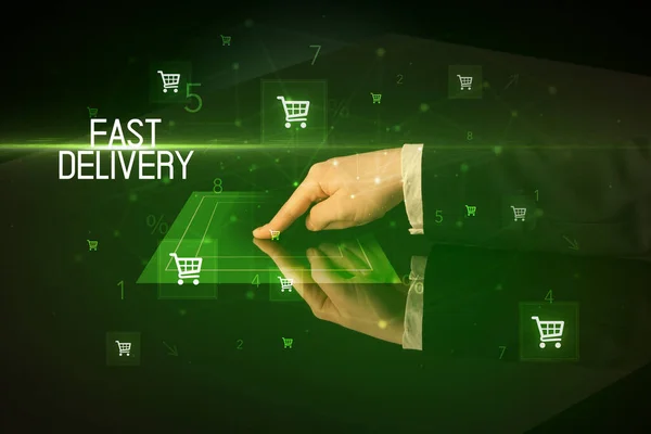带有Fast Delivery注册概念的在线购物 带有购物车图标 — 图库照片