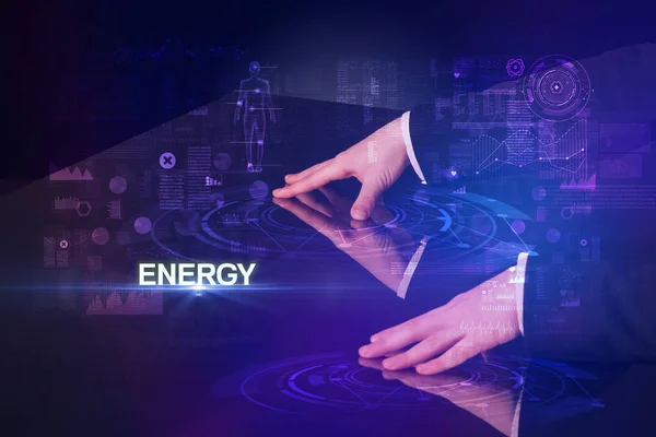 Zakenman Aanraken Van Enorme Display Met Energy Inscriptie Moderne Technologie — Stockfoto