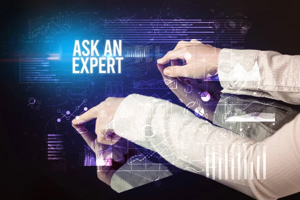 Businessman Touching Huge Screen Ask Expert Inscription Cyber Business Concept — 스톡 사진