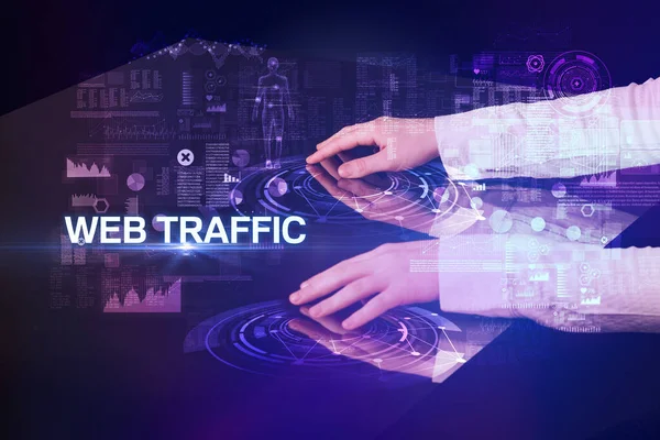 Geschäftsmann Berührt Riesiges Display Mit Web Traffic Aufschrift Modernes Technologiekonzept — Stockfoto