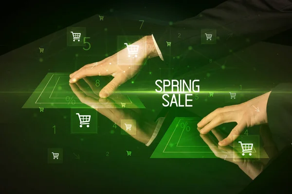Online Nakupování Konceptem Nápisu Spring Sale Ikonami Nákupního Košíku — Stock fotografie