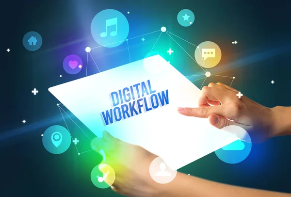 Futuristisches Tablet Mit Digital Workflow Aufschrift Neues Technologiekonzept — Stockfoto