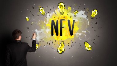 businessman drawing colorful light bulb with NFV abbreviation, new technology idea concept