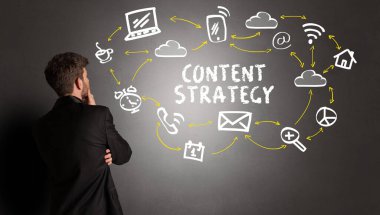 businessman drawing social media icons with CONTENT STRATEGY inscription, new media concept