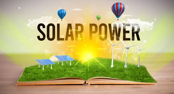 太陽光発電の碑文とオープンブック 再生可能エネルギーの概念 — ストック写真