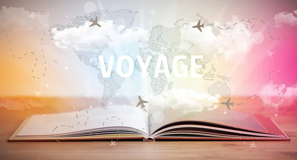 Nyitott Könyv Voyage Felirattal Nyaralás Koncepció — Stock Fotó