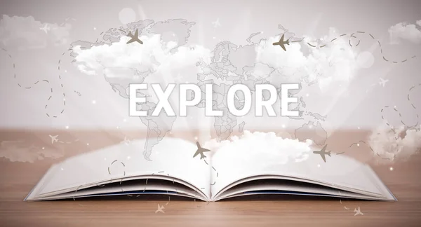 Open Boek Met Explore Inscriptie Vakantie Concept — Stockfoto