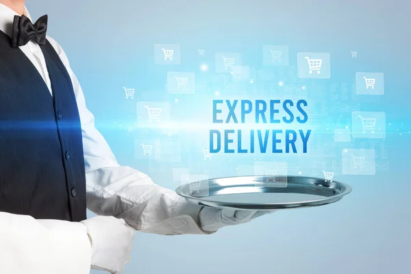 Официант Надписью Express Delivery Концепция Покупок Интернете — стоковое фото