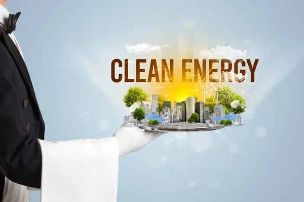 Ober Ten Dienste Van Eco Stad Met Clean Energy Inscriptie — Stockfoto