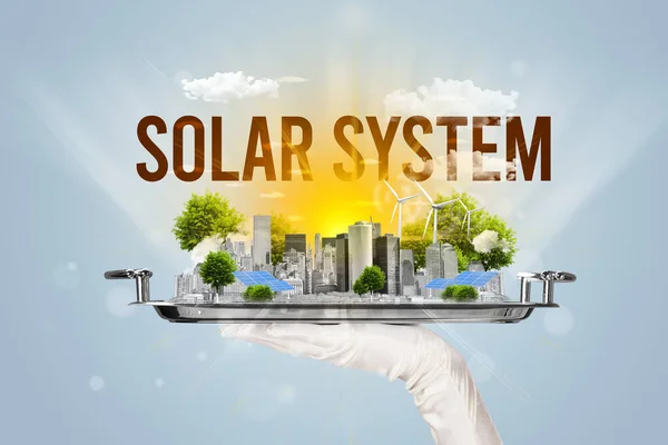 Ober Ten Dienste Van Eco Stad Met Solar System Inscriptie — Stockfoto