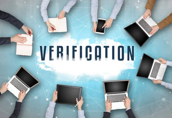 Group People Having Meeting Verification Insciption Web Security Concept — Stock Photo, Image