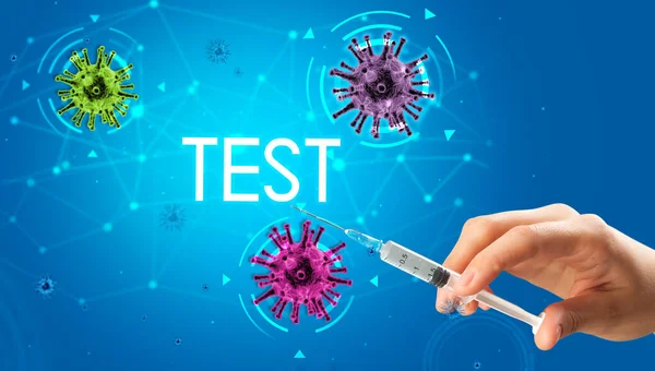 Siringa Iniezione Medica Mano Con Iscrizione Test Concetto Vaccino Coronavirus — Foto Stock