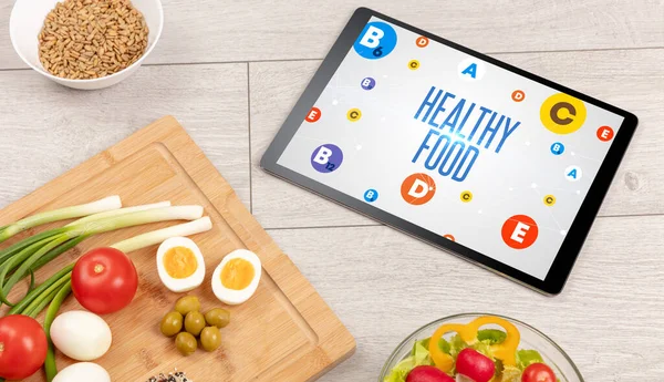 Gezonde Tablet Samenstelling Met Gezonde Voeding Inscriptie Gewichtsverlies Concept — Stockfoto