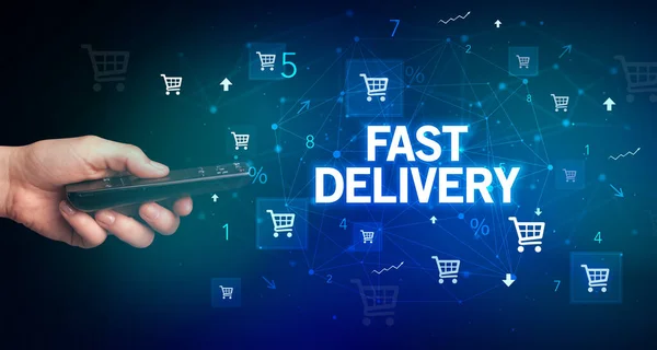 Χέρι Κρατώντας Ασύρματη Περιφερειακή Fast Delivery Επιγραφή Online Έννοια Ψώνια — Φωτογραφία Αρχείου