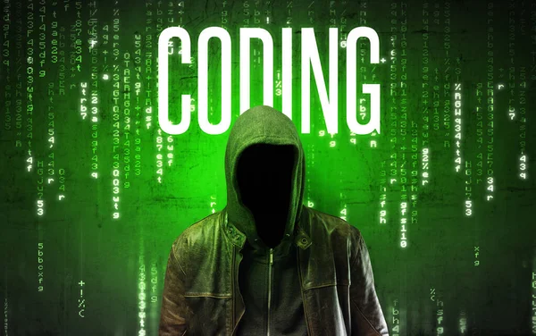 Hacker Sin Rostro Con Inscripción Coding Concepto Hacking —  Fotos de Stock
