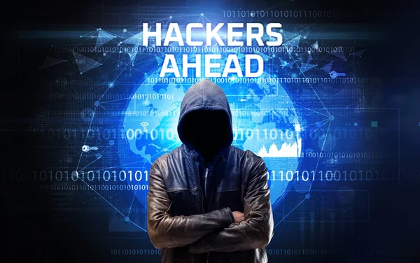 Faceless Hacker Work Hackers Ahead Inscription Computer Security Concept — Stock Photo, Image