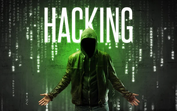 Gesichtsloser Hacker Mit Hacking Inschrift Hacking Konzept — Stockfoto