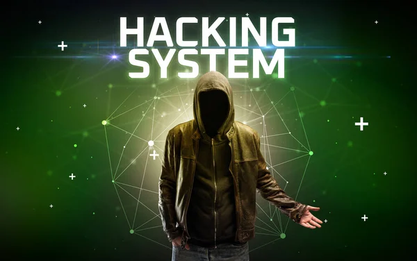 Mystisk Hacker Med Hacking System Inskription Online Attack Koncept Inskription — Stockfoto