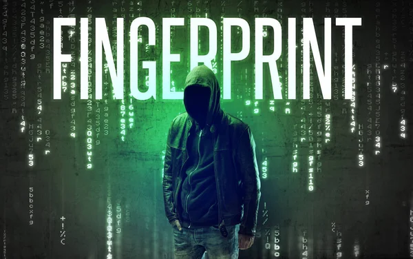 Gezichtloze Hacker Met Fingerprint Inscriptie Hacken Concept — Stockfoto