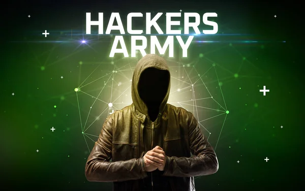 Mysterieuze Hacker Met Hackers Army Inscriptie Online Aanval Concept Inscriptie — Stockfoto