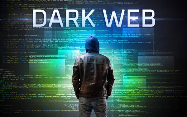 Άσωμος Χάκερ Επιγραφή Dark Web Φόντο Δυαδικού Κώδικα — Φωτογραφία Αρχείου