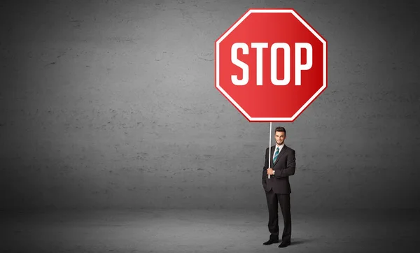 Young Business Person Holding Road Sign Stop Inscription New Rules — Stock Photo, Image