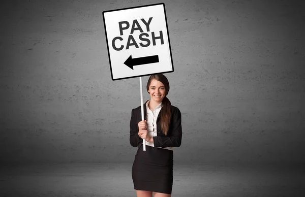 Företag Person Som Innehar Trafikskylt Med Pay Cash Inskription Idé — Stockfoto