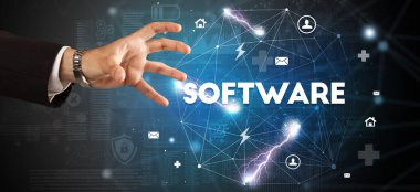 SOFTWARE yazıtlarına el işareti, modern teknoloji kavramı