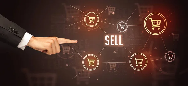 Крупный План Обрезанной Руки Указывающий Надпись Sell Концепцию Покупок Онлайн — стоковое фото