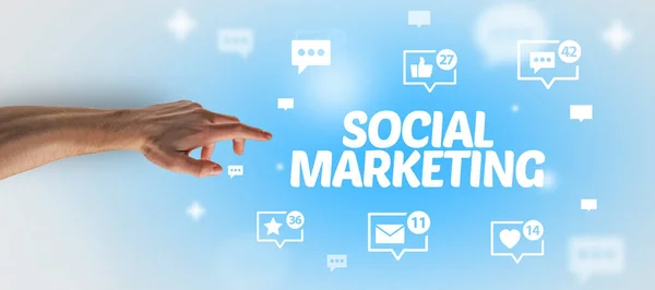 Close Mão Cortada Apontando Para Inscrição Social Marketing Conceito Rede — Fotografia de Stock