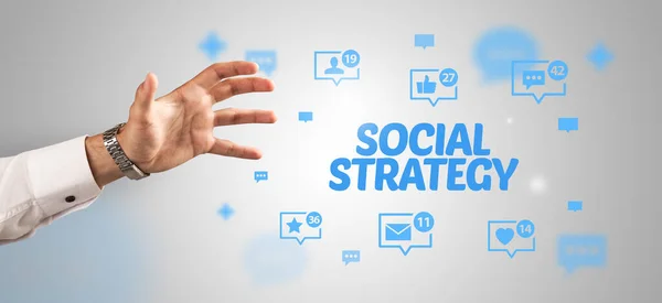 Close Cropped Hand Pointing Social Strategy Inscription Social Networking Concept — Stock Photo, Image