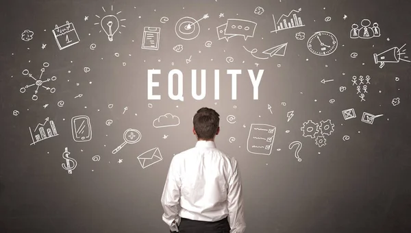 Hátsó Nézet Egy Equity Felirattal Rendelkező Üzletemberről Modern Üzleti Koncepció — Stock Fotó
