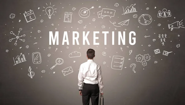 Visão Traseira Homem Negócios Com Inscrição Marketing Conceito Negócio Moderno — Fotografia de Stock