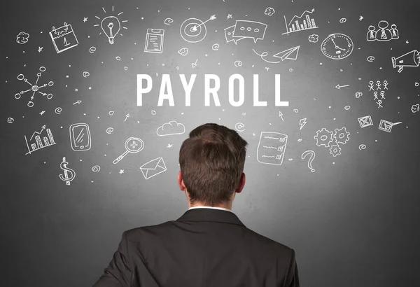 Achteraanzicht Van Een Zakenman Met Payroll Inscriptie Modern Business Concept — Stockfoto