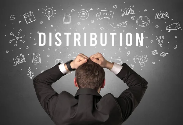 Visão Traseira Homem Negócios Com Inscrição Distribution Conceito Negócio Moderno — Fotografia de Stock
