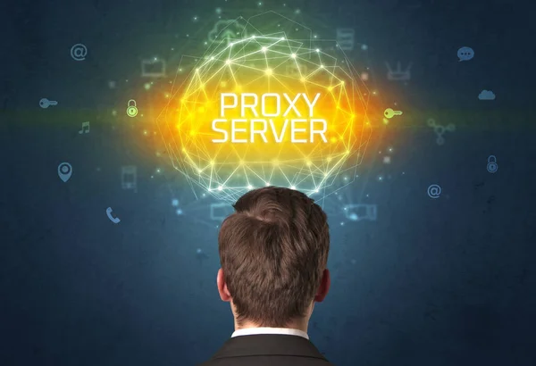 Οπίσθια Όψη Επιχειρηματία Επιγραφή Proxy Server Online Έννοια Της Ασφάλειας — Φωτογραφία Αρχείου