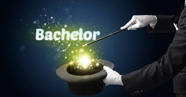Goochelaar Toont Magische Truc Met Bachelor Inscriptie Educatief Concept — Stockfoto