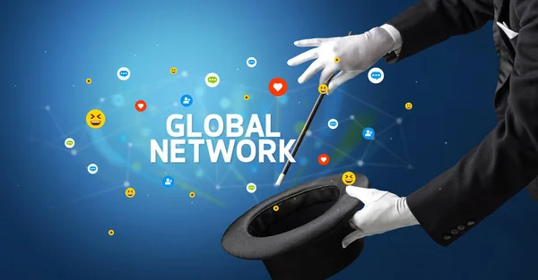 Magician is showing magic trick with GLOBAL NETWORK inscription, social media marketing concept