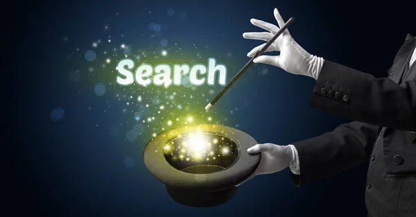 Magician Showing Magic Trick Search Inscription Educational Concept — Stock Photo, Image