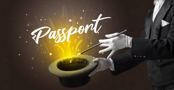 魔術師はパスポートの碑文と魔法のトリックを示しています — ストック写真