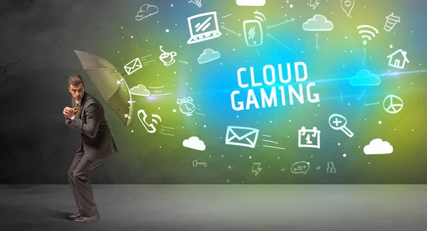 Affärsman Försvara Med Paraply Från Cloud Gaming Inskription Modern Teknik — Stockfoto