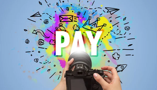 Zbliżenie Ręki Trzymającej Aparat Cyfrowy Abstrakcyjnym Rysunkiem Napisem Pay — Zdjęcie stockowe