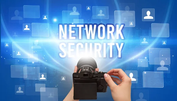 Gros Plan Caméra Portative Avec Inscription Network Security Concept Vidéosurveillance — Photo