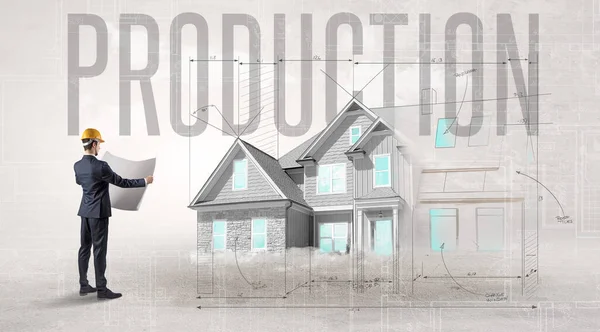 Jonge Ingenieur Met Blauwdruk Met Productie Inscriptie Huis Planning Concept — Stockfoto